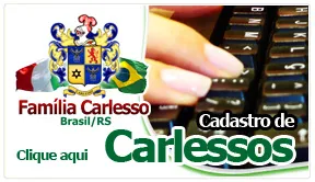 Banner "Cadastro de Carlessos" com o brasão da família sobre a bandeira do Brasil: clique aqui.